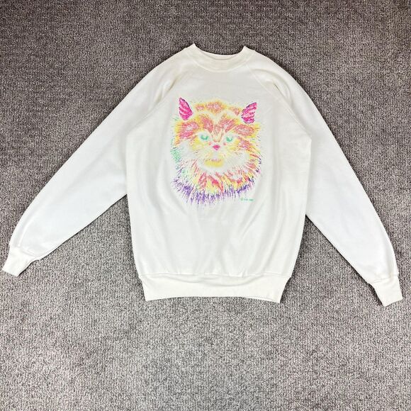 Vintage Tops - Vintage Sweatshirt Womens Large White Neon Cat Grandma 80s Crewneck Retro